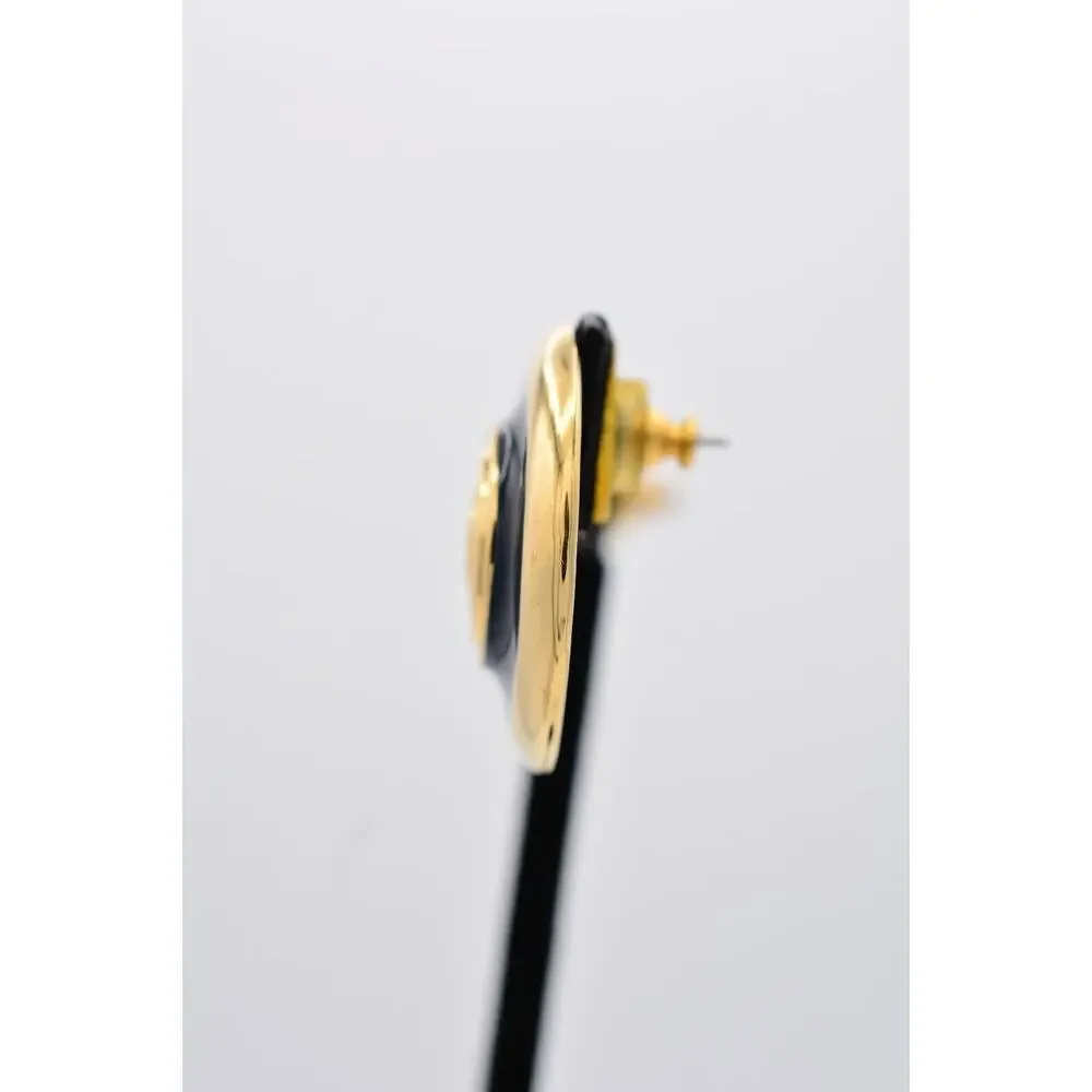 Liz Claiborne Vintage Earrings Gold Coin Chunky Black Logo LCI Signed 90s 9L
